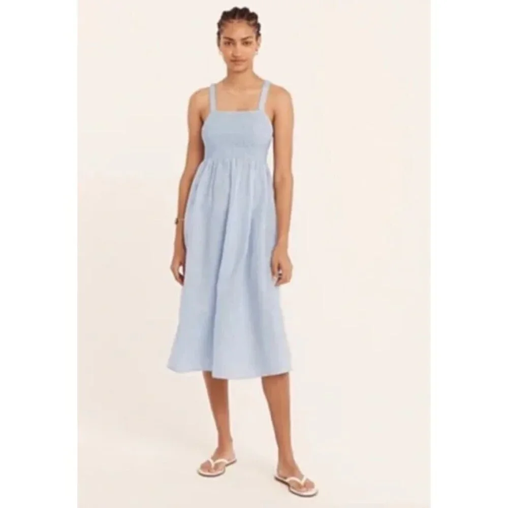 J. Crew Blue Smocked Linen-Cotton Beach Midi Dress Size Medium 41855